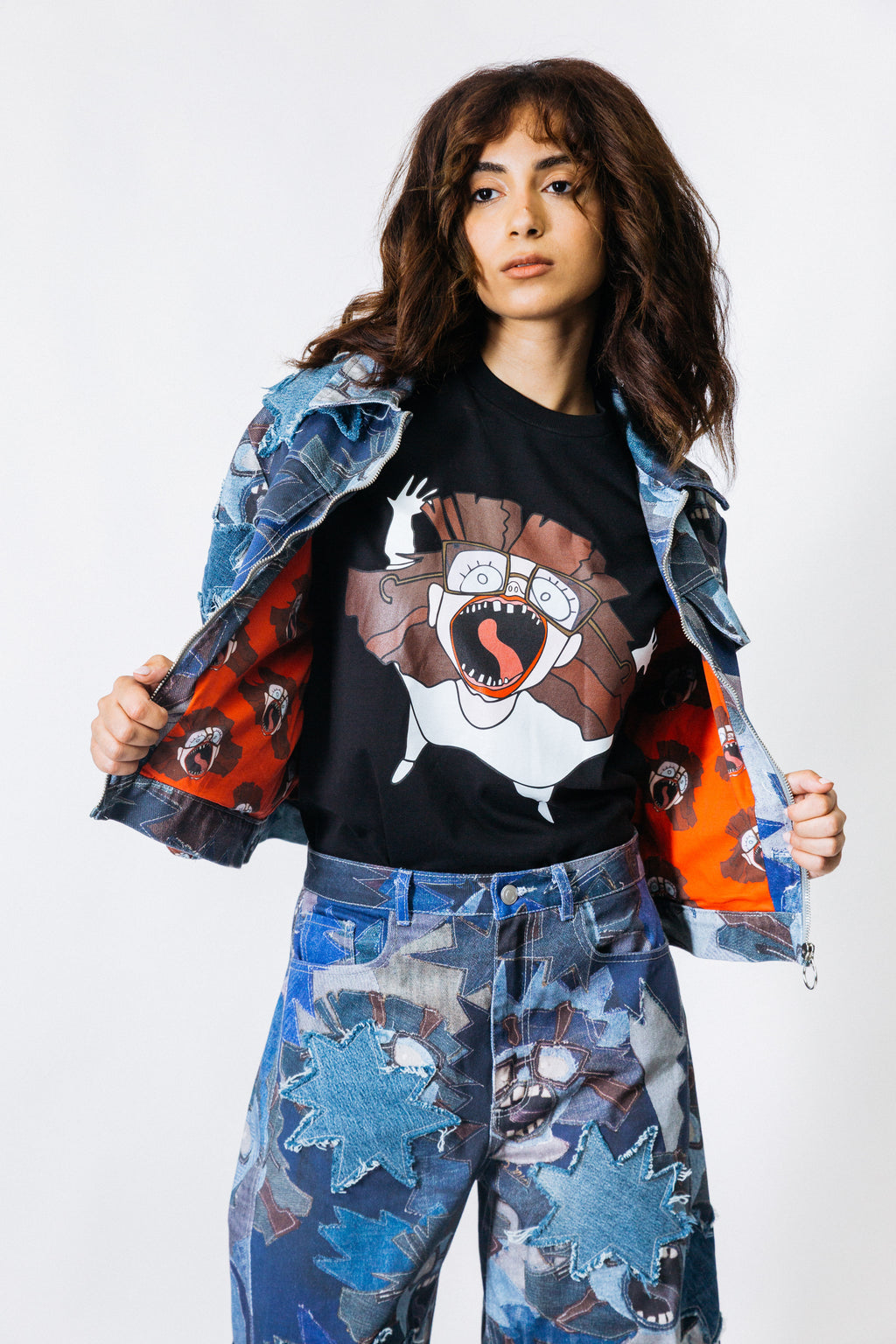 OVERSIZED DENIM JAS MET PATCHWORKPRINT