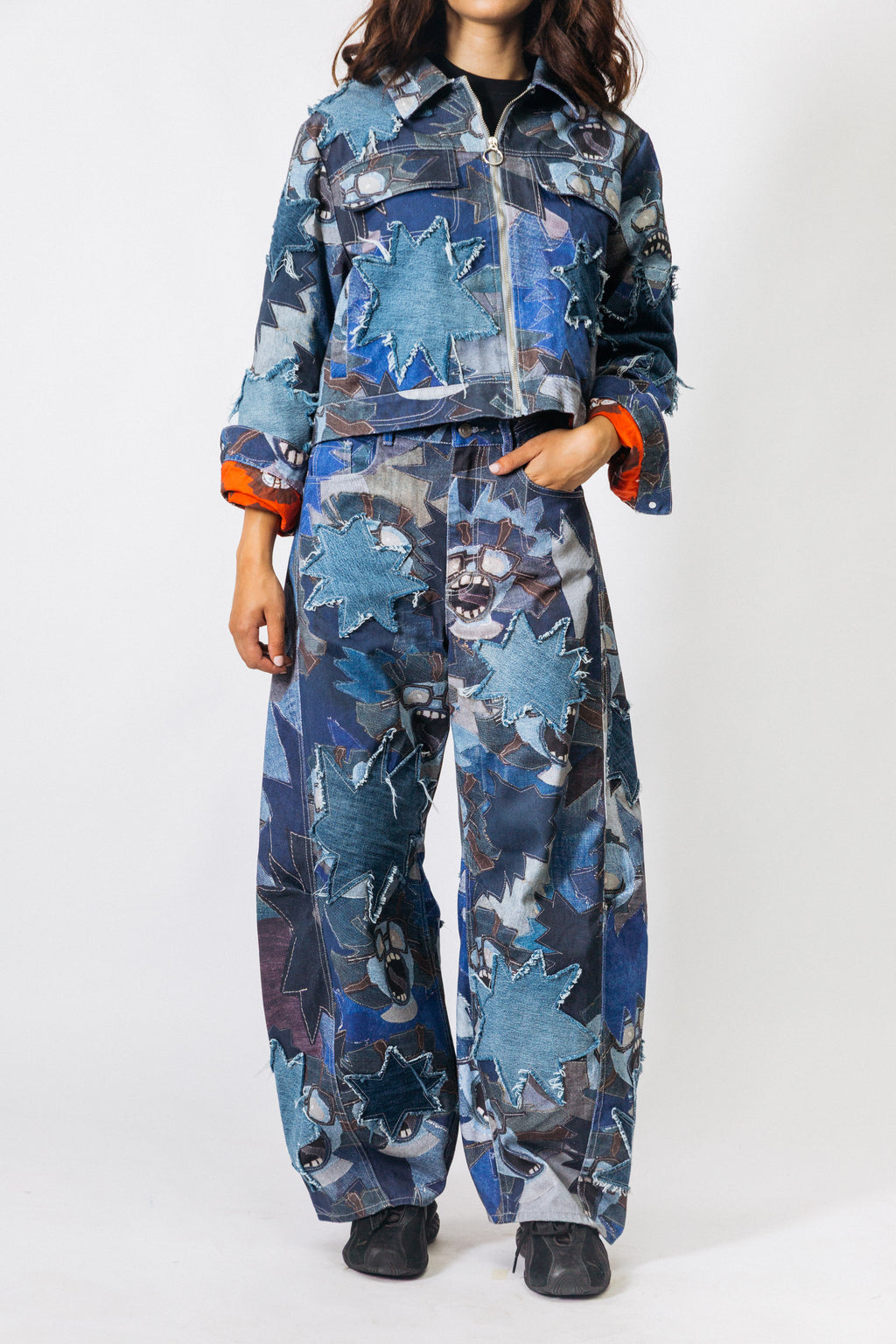 OVERSIZED DENIM JAS MET PATCHWORKPRINT