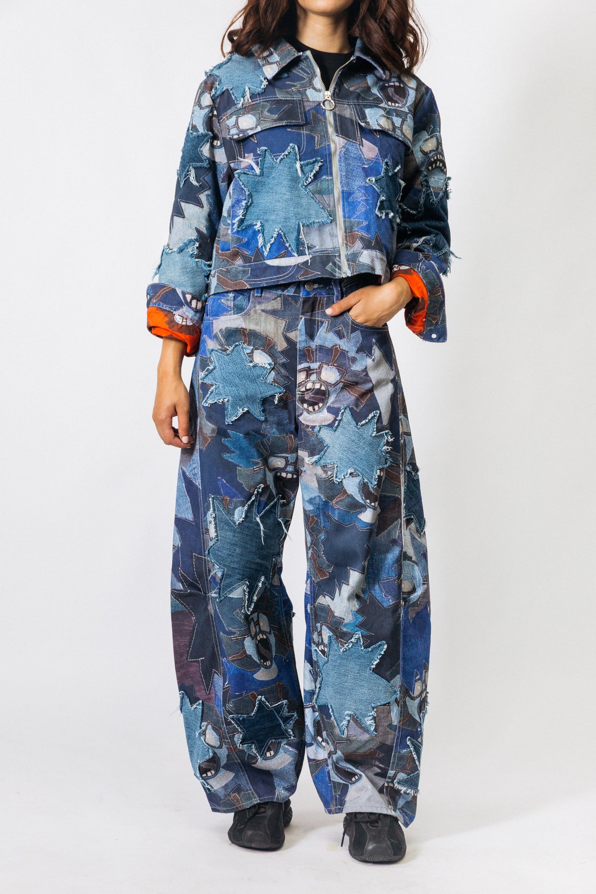 OVERSIZED DENIM JAS MET PATCHWORKPRINT